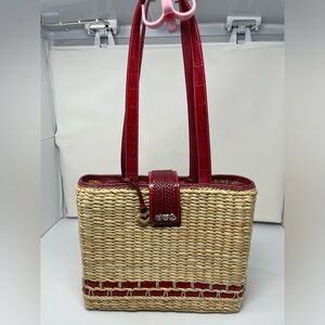 Brighton Woven Straw and Red Leather Shoulder Bag Purse Handbag Retired